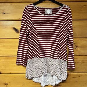 Postmark Anthropologie Fairley Tunic Top Sz L Burgundy Striped High Low Pockets